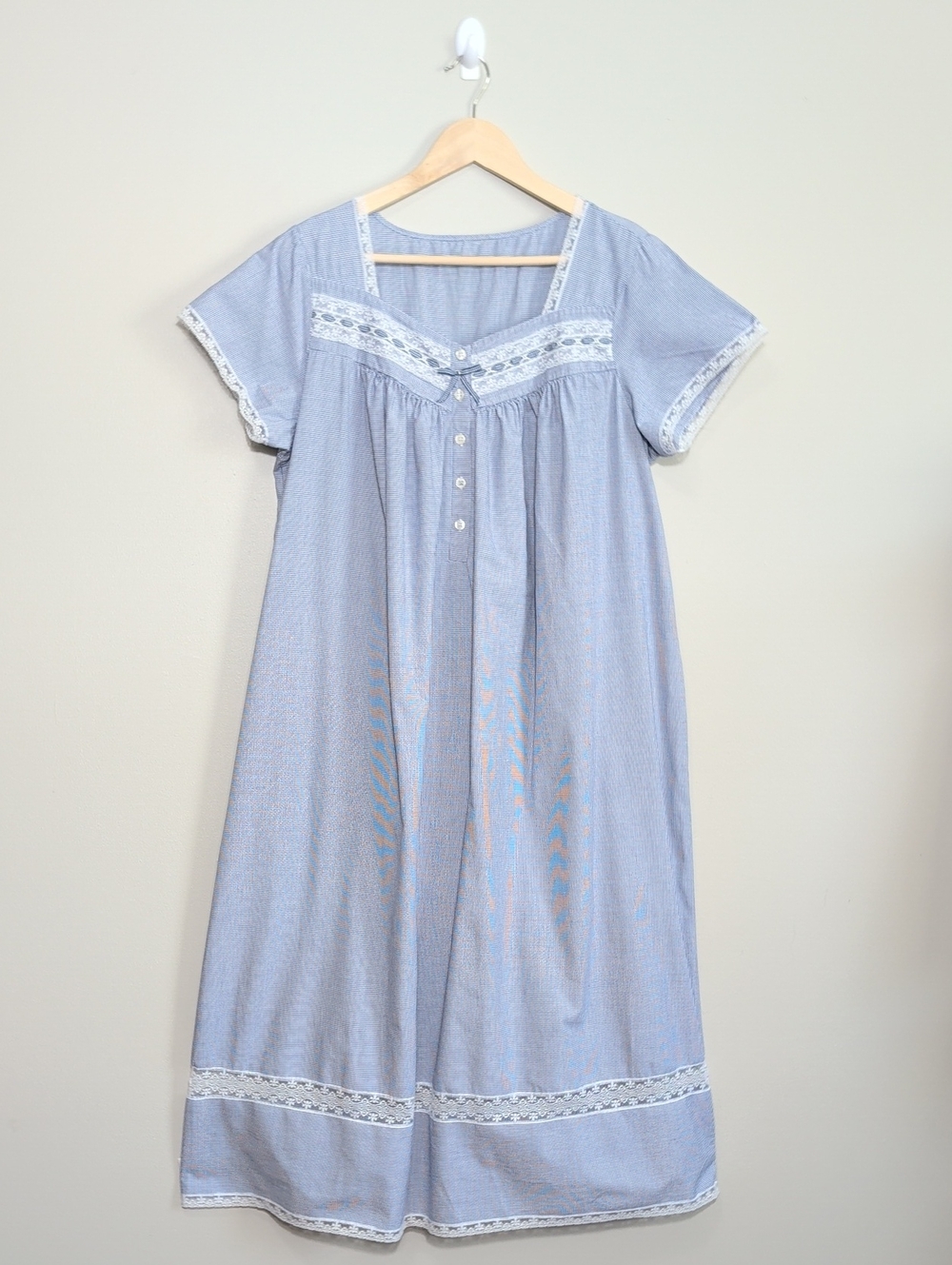 Vtg Cottagecore Blue Gingham Nightgown Lace Romantic Prairie Country Large Boho